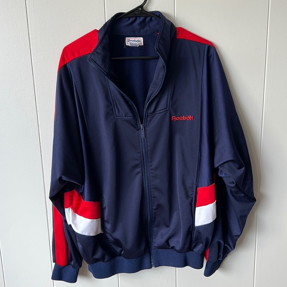 Vintage 80s retro Reebok Sport Polyester navy white and red polyester full zip